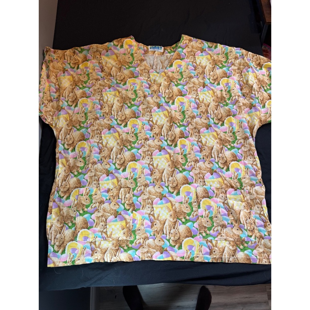 Easter Bunny Scrub Top V-Neck Short‎ Sleeve Pastel Egg Print Two Pocket Medical